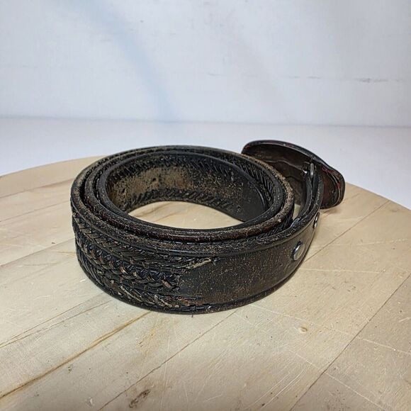 Vintage Distressed Leather Belt & Buckle Oval Shaped Buckle W Letter H Size 38 - Picture 6 of 15